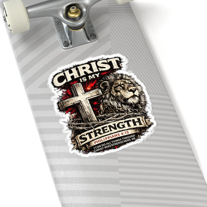 Christ Is My Strength Kiss-Cut Sticker — Lion & Cross Philippians 4:13 Faith Decal