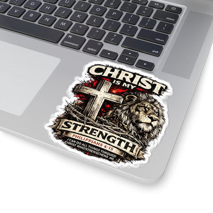 Christ Is My Strength Kiss-Cut Sticker — Lion & Cross Philippians 4:13 Faith Decal