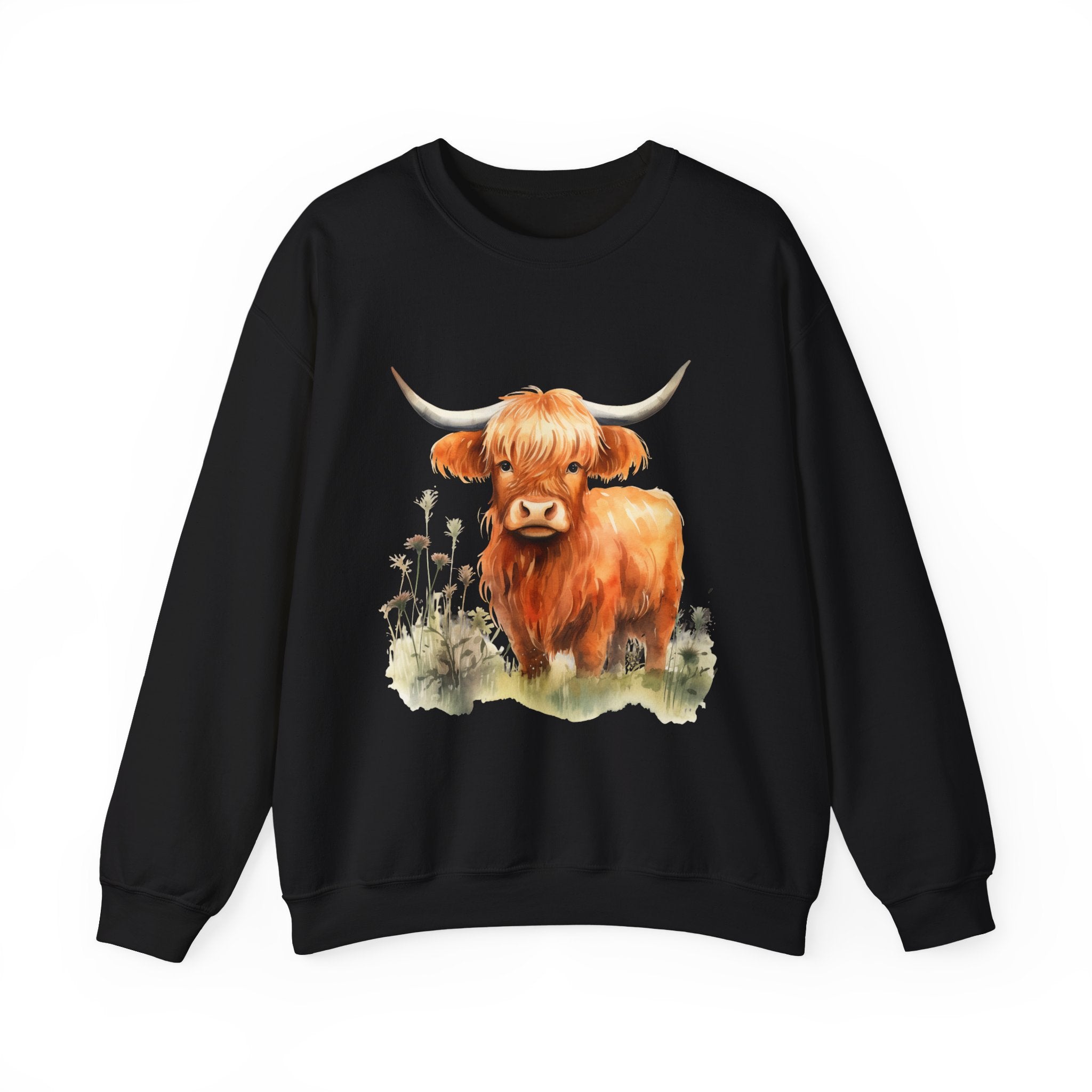 Highland Cow Crewneck Sweatshirt — Cute Watercolor Highland Cattle Graphic