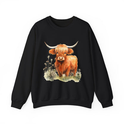 Highland Cow Crewneck Sweatshirt — Cute Watercolor Highland Cattle Graphic