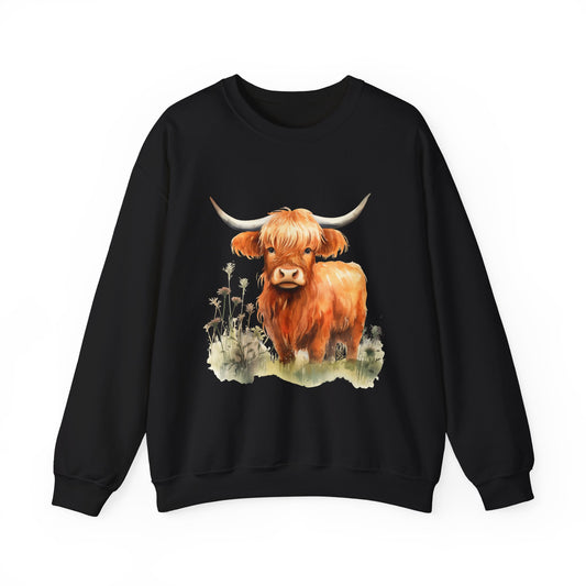 Highland Cow Crewneck Sweatshirt — Cute Watercolor Highland Cattle Graphic