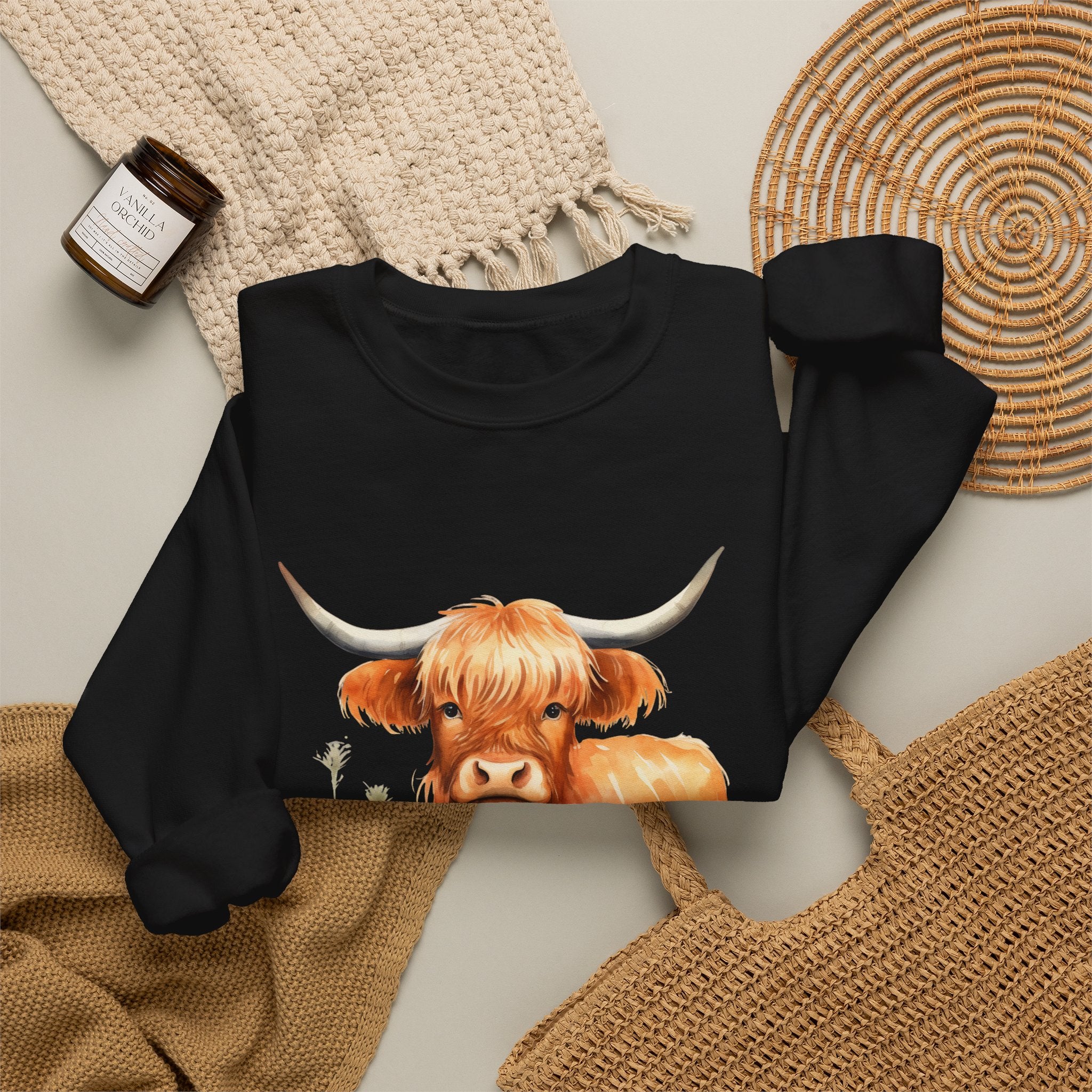 Highland Cow Crewneck Sweatshirt — Cute Watercolor Highland Cattle Graphic