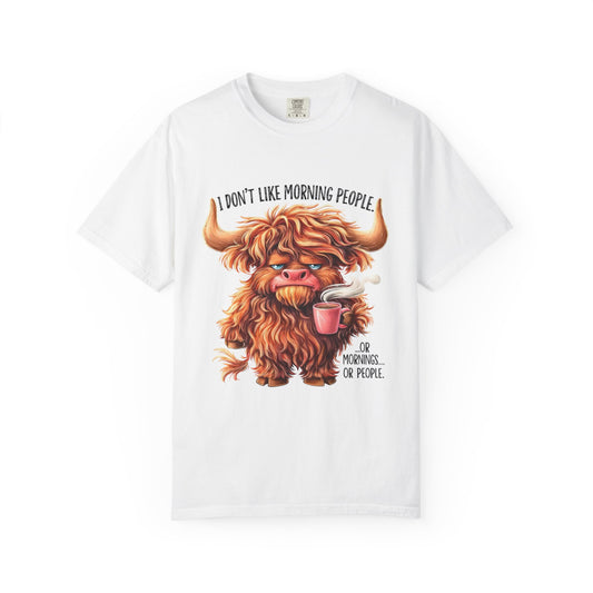 I Don't Like Morning People T-Shirt — Cute Grumpy Highland Cow Coffee Tee