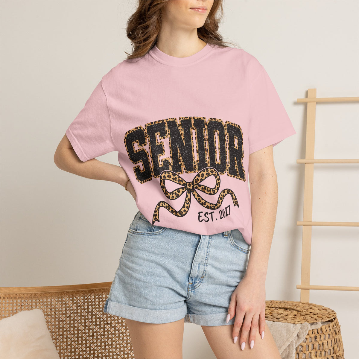 Senior Leopard Bow T-Shirt — "Senior Est. 2027" Graduation Tee