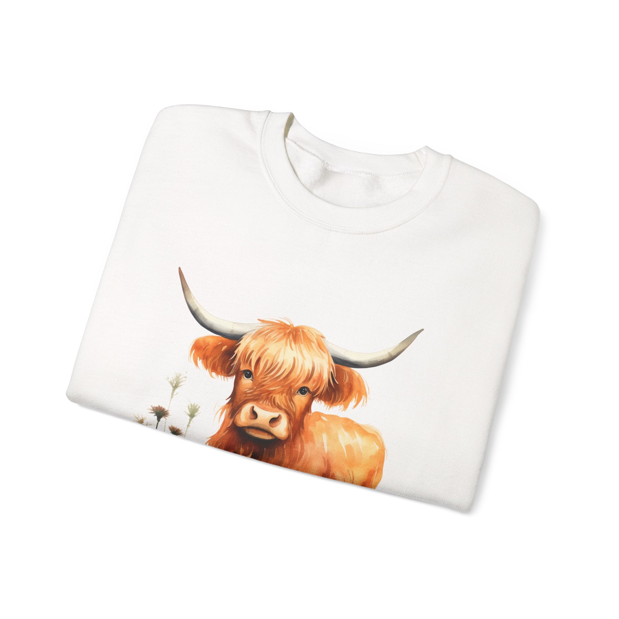 Highland Cow Crewneck Sweatshirt — Cute Watercolor Highland Cattle Graphic